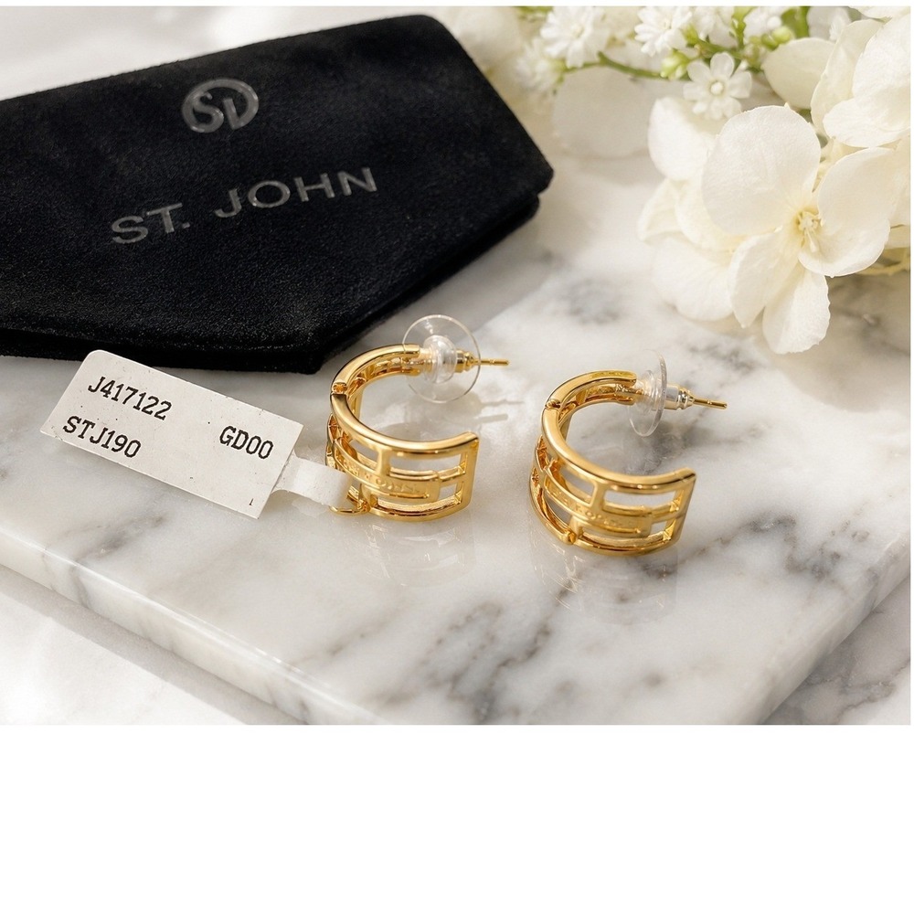 NWT Vintage St John Gold Tone Openwork Geometric Half Hoop Earrings Pierced
